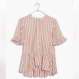 MADEWELL Studio Ruffle-Hem Top in Cecilia Stripe-Neat Stripe Dried Coral size M